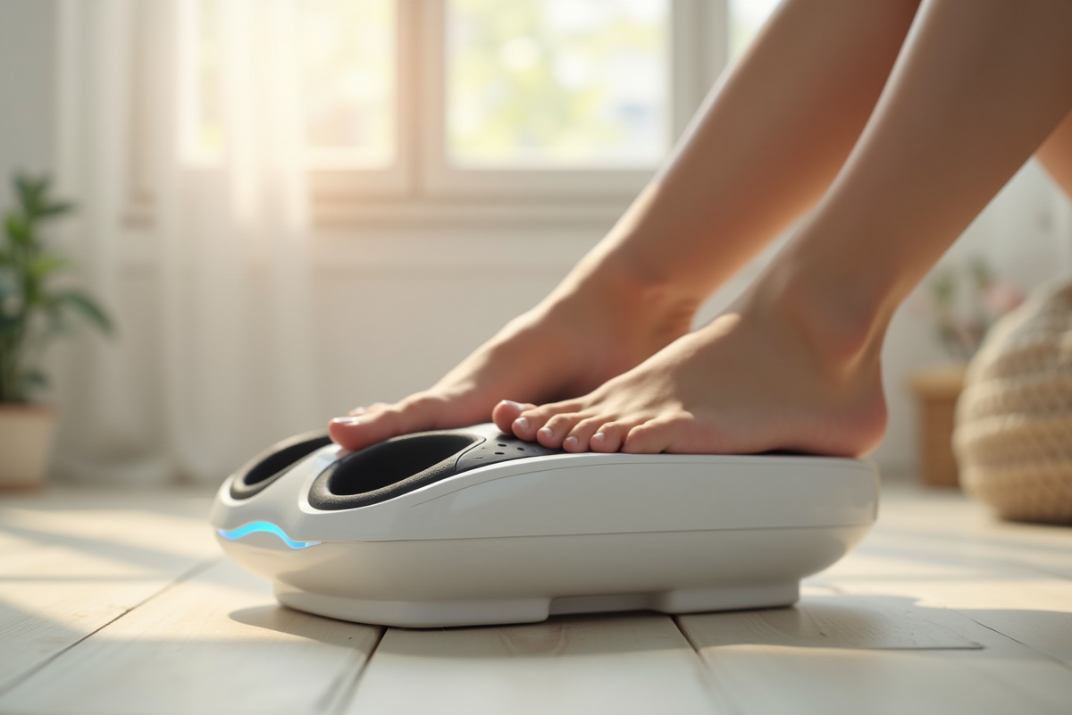 Détail des pieds dans un masseur électrique sur un sol en bois clair