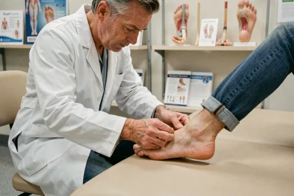Podologue examinant le talon d'un patient pour diagnostiquer une épine calcanéenne en cabinet médical
