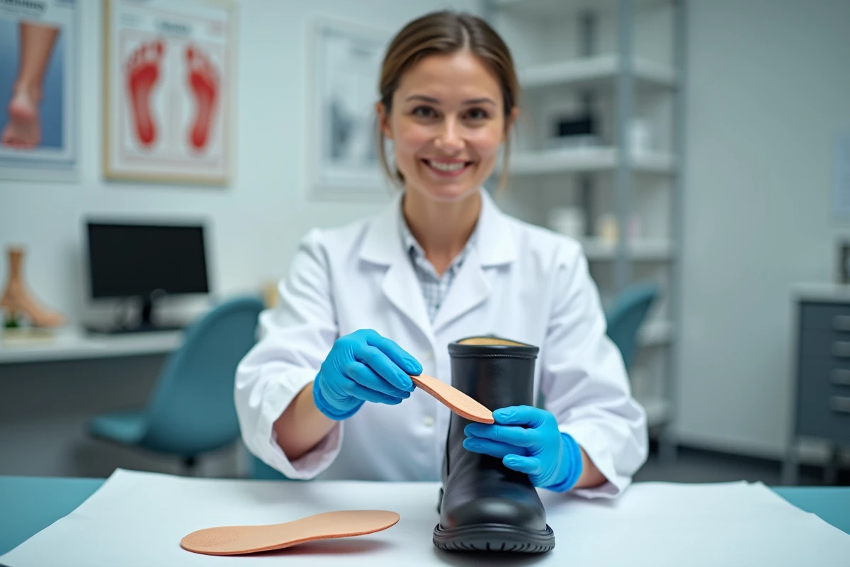Podologue comparant une semelle orthopédique et une chaussure de sécurité en cabinet médical