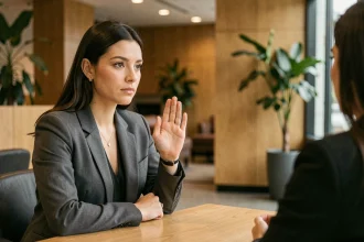 Femme posant une limite ferme face à une autre femme dans un cadre professionnel calme