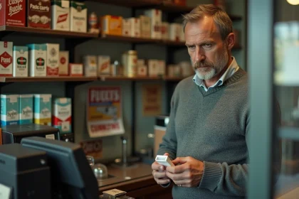 Un homme d'âge mûr consulte les prix des cigarettes dans un bureau de tabac au Luxembourg