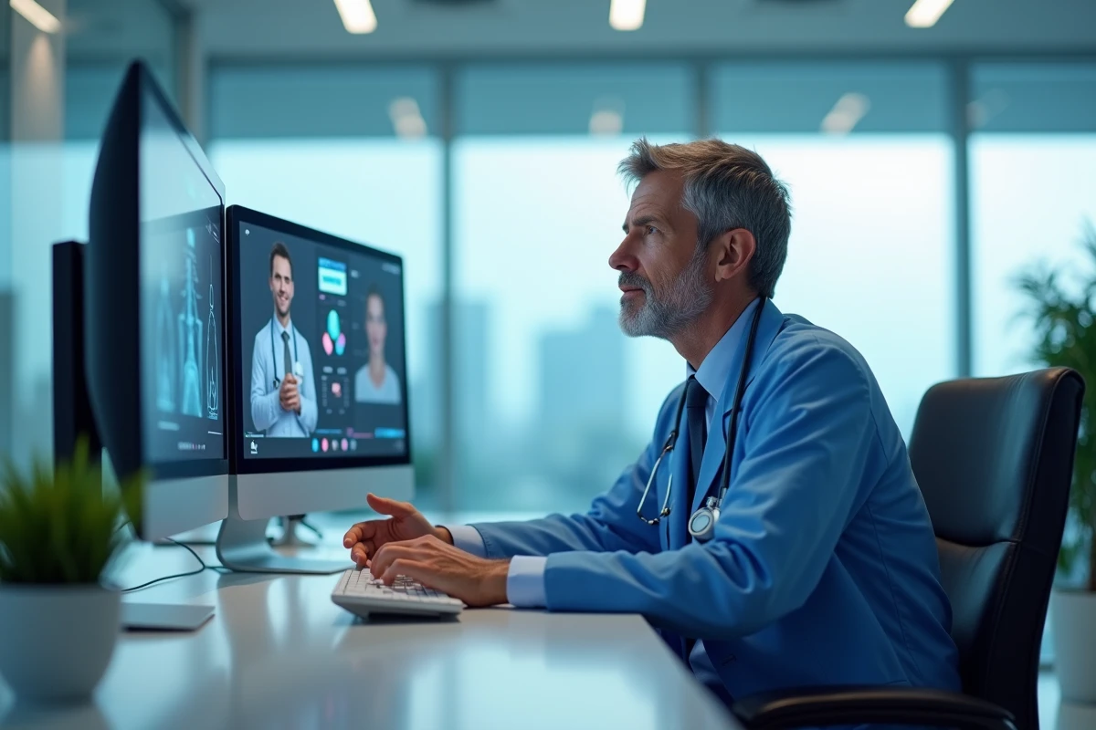 Homme professionnel de santé en visioconference dans un hôpital high-tech