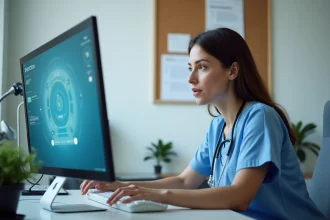 Professionnelle de santé consultant le portail Medisys sur un ordinateur de bureau dans un bureau hospitalier moderne