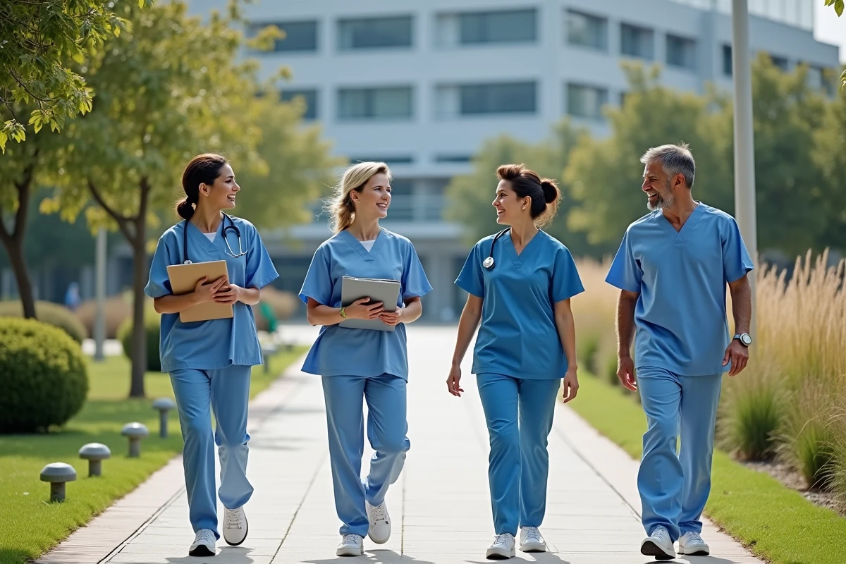 Professionnels de sant&eacute; marchant dans le campus hospitalier