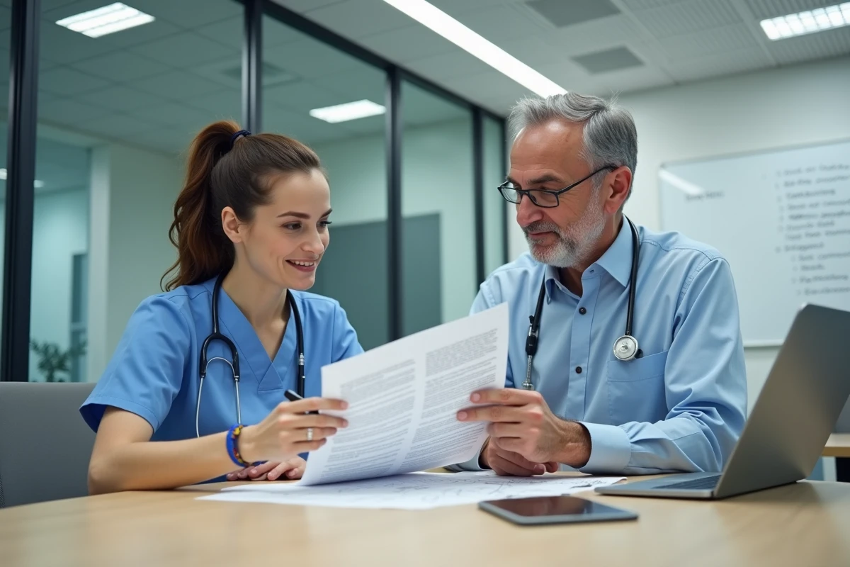 Professionnels de santé discutant des bonnes pratiques de protection des données patients en réunion