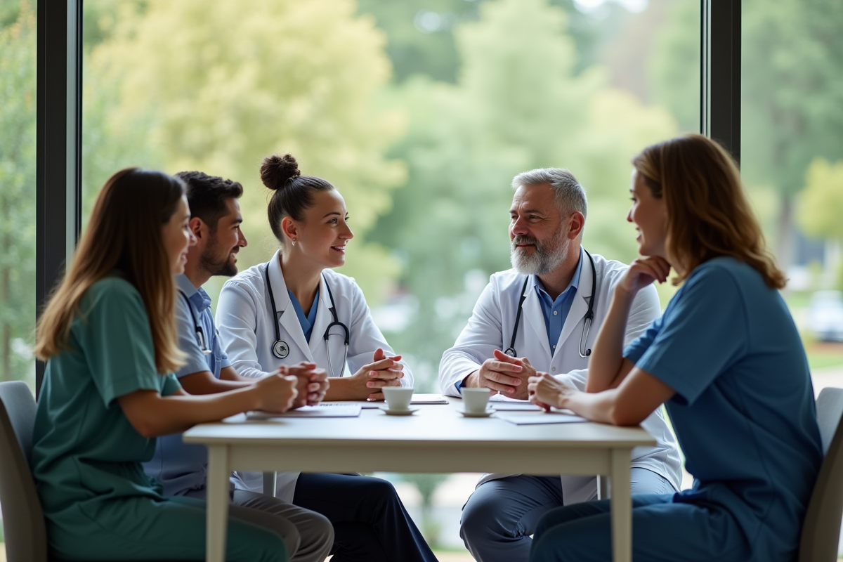 Équipe de professionnels de santé discutant dans un centre moderne
