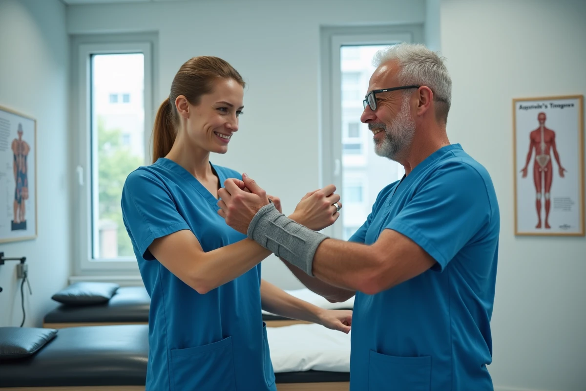 Une kinésithérapeute accompagne la rééducation d'un patient portant une attelle au poignet dans le cadre d'une prise en charge au titre de la maladie professionnelle