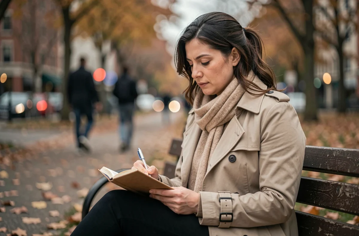 Femme prenant du recul et écrivant dans un journal pour se protéger d'une relation narcissique toxique