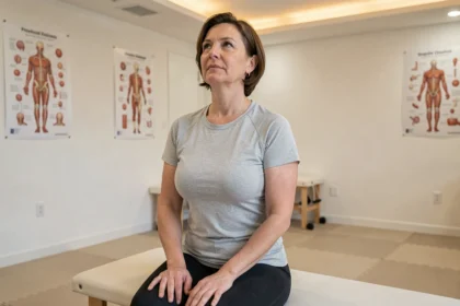 Femme pratiquant un exercice de rentrée du menton pour la rééducation de la protrustion discale C5 C6 en cabinet de kinésithérapie