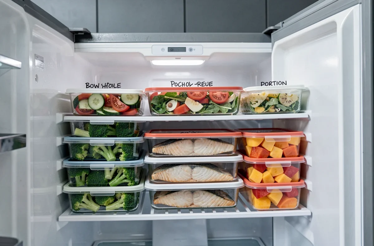 Réfrigérateur bien organisé rempli de repas légers préparés en batch cooking avec des aliments peu caloriques