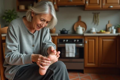 Femme d'âge mûr massant son talon douloureux avec un remède de grand-mère pour épine calcanéenne