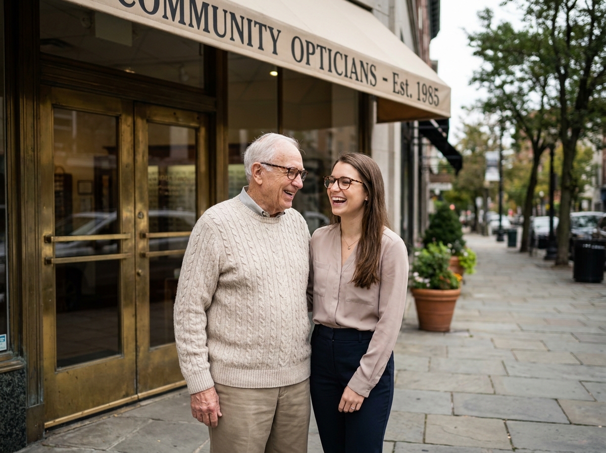 Homme &acirc;g&eacute; et opticienne discutant devant la boutique d