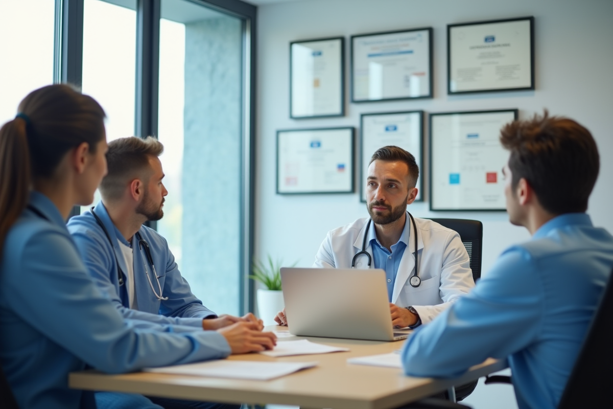 Réunion entre professionnels de santé avec documents et certificats