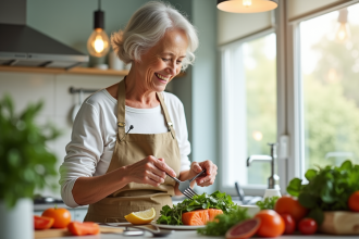 Femme senior préparant une salade de saumon et épinards