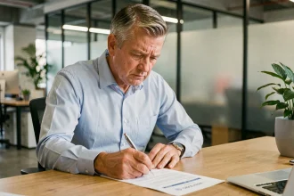 Salarié remplissant un questionnaire de risque professionnel Ameli à son bureau en open-space