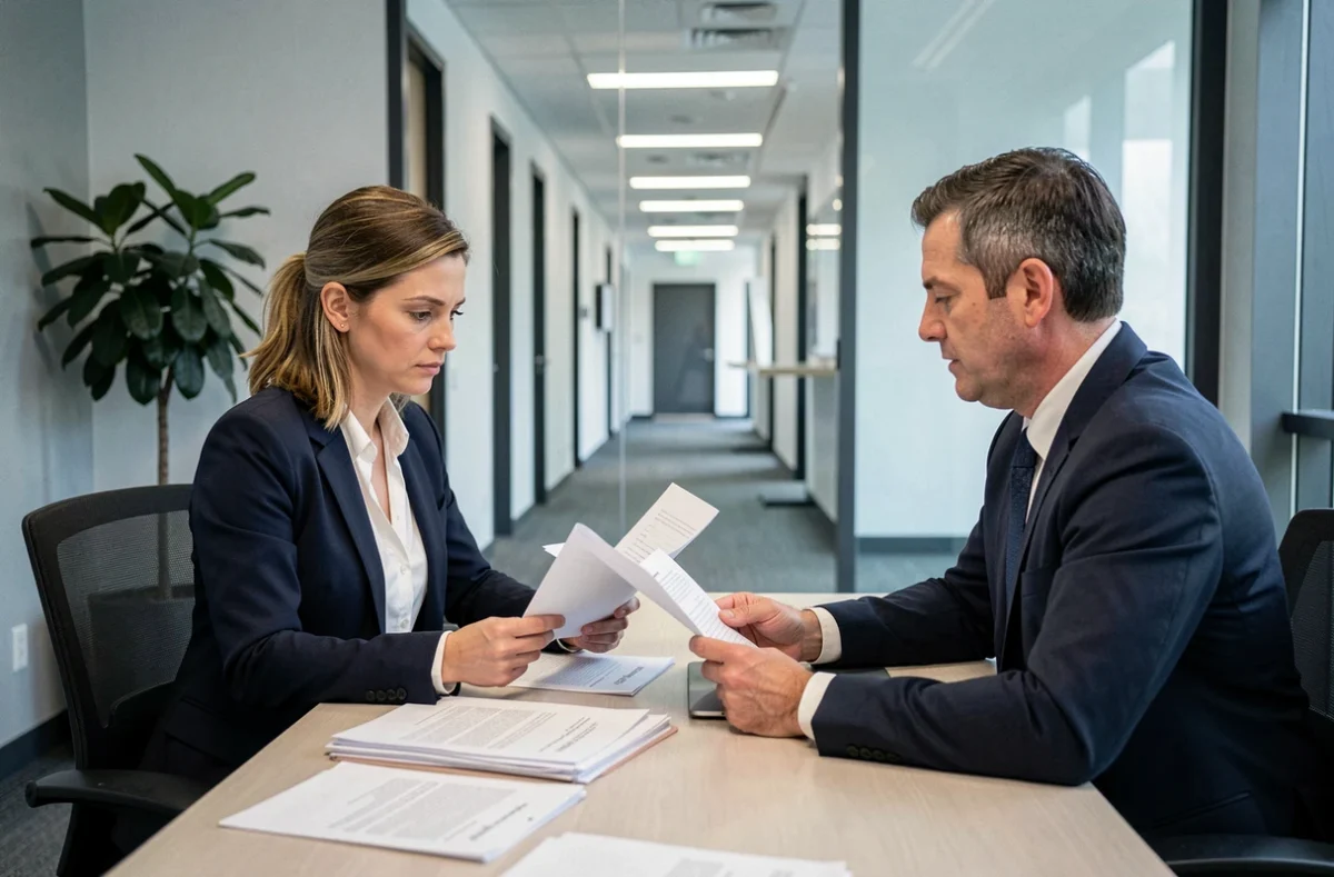 Salariée en entretien RH discutant de ses droits face à l'employeur concernant un questionnaire Ameli