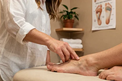 Réflexologue appliquant une pression sur la voûte plantaire d'un patient avec une carte de réflexologie visible en arrière-plan