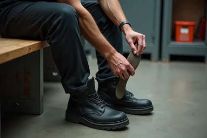 Homme insérant une semelle orthopédique dans une chaussure de sécurité pour soulager une épine calcanéenne au travail