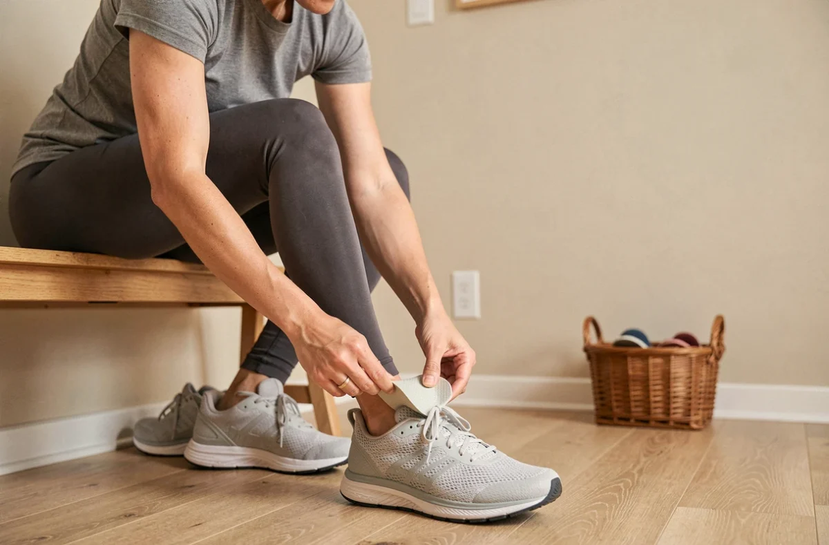 Femme insérant une semelle orthopédique pour épine calcanéenne dans sa chaussure de sport à domicile