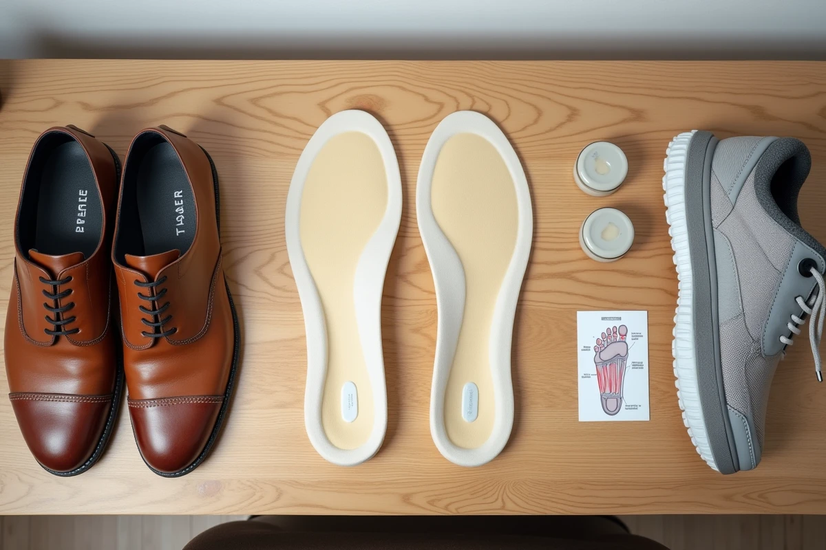 Vue à plat de semelles orthopédiques pour épine calcanéenne posées à côté de chaussures de ville et de sport sur une surface en bois