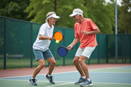 Seniors jouant au pickleball en extérieur en tenue sportive