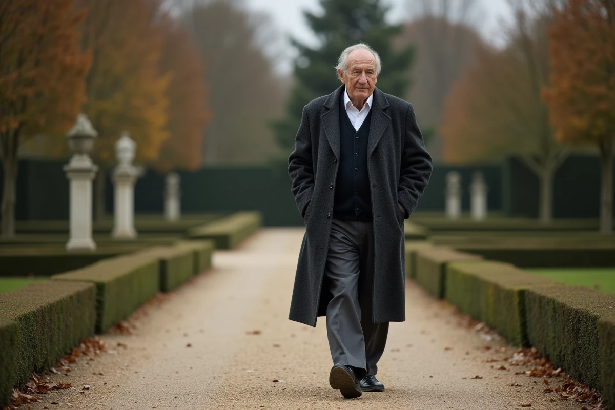 Homme politique senior marchant seul dans un parc français formel en automne, silhouette digne évoquant la rumeur de maladie grave