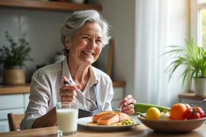 Seniore femme souriante mangeant du saumon grillé et légumes