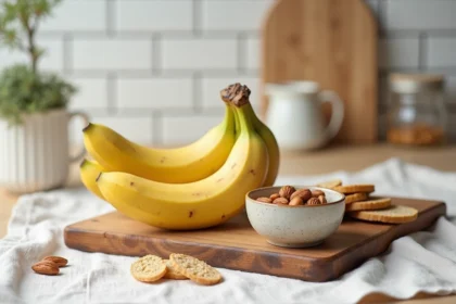 Banane mûre posée sur une planche en bois avec des noix et des crackers complets, snacks légers et rassasiants