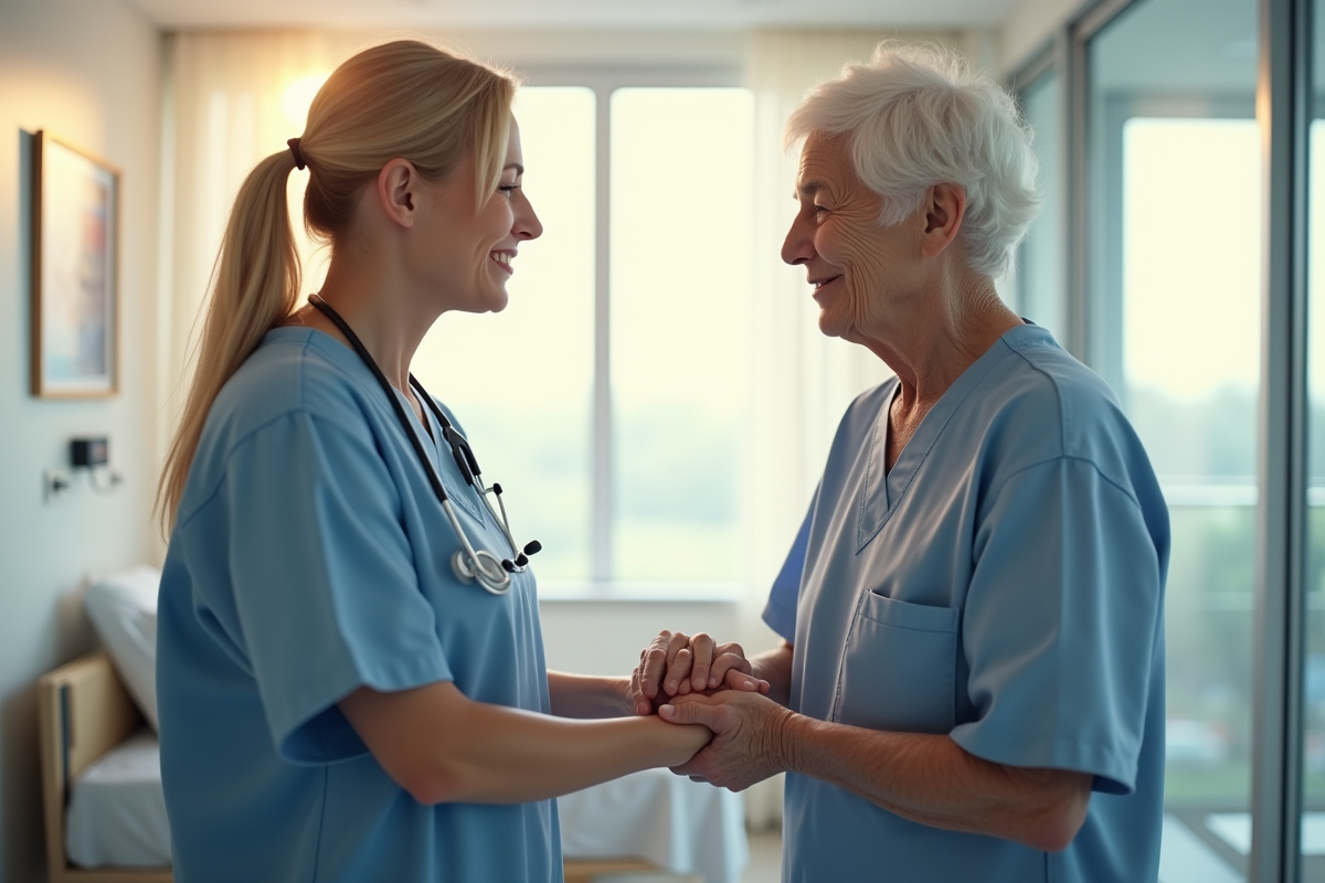Infirmière compatissante tenant la main d'un patient âgé dans une chambre lumineuse