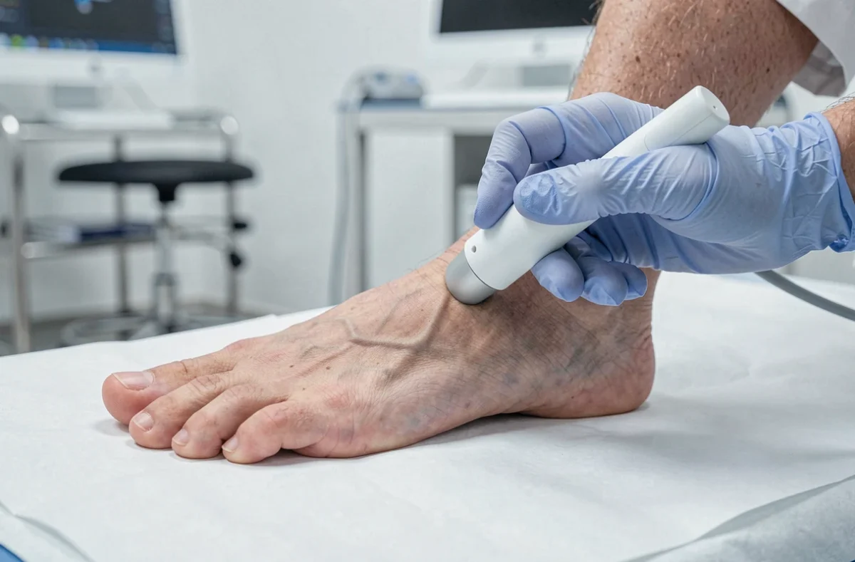 Gros plan d'une sonde thermique diagnostique appliquée sur la voûte plantaire lors d'un examen médical