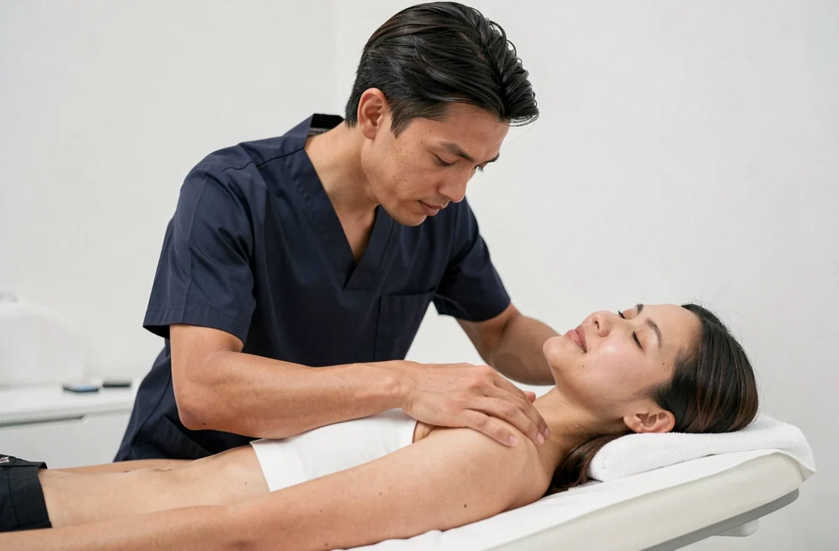 Ostéopathe Sovann Moulin pratiquant un relâchement fascial sur l'épaule d'une patiente dans un studio parisien minimaliste