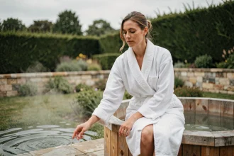 Femme en peignoir blanc au bord d'un spa en bois extérieur dans un jardin du Cher