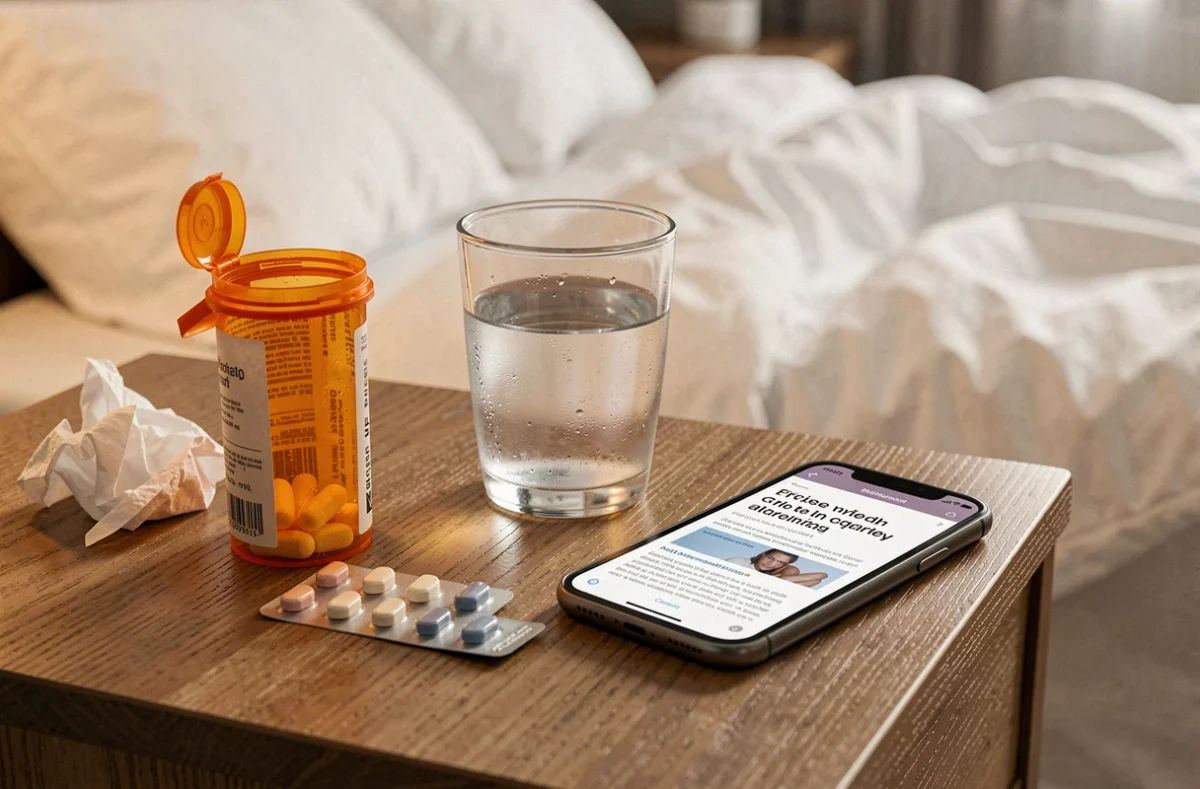 Table de chevet avec des médicaments anti-inflammatoires, antibiotiques, un verre d'eau et un téléphone affichant un article de santé, contexte de maladie et infection