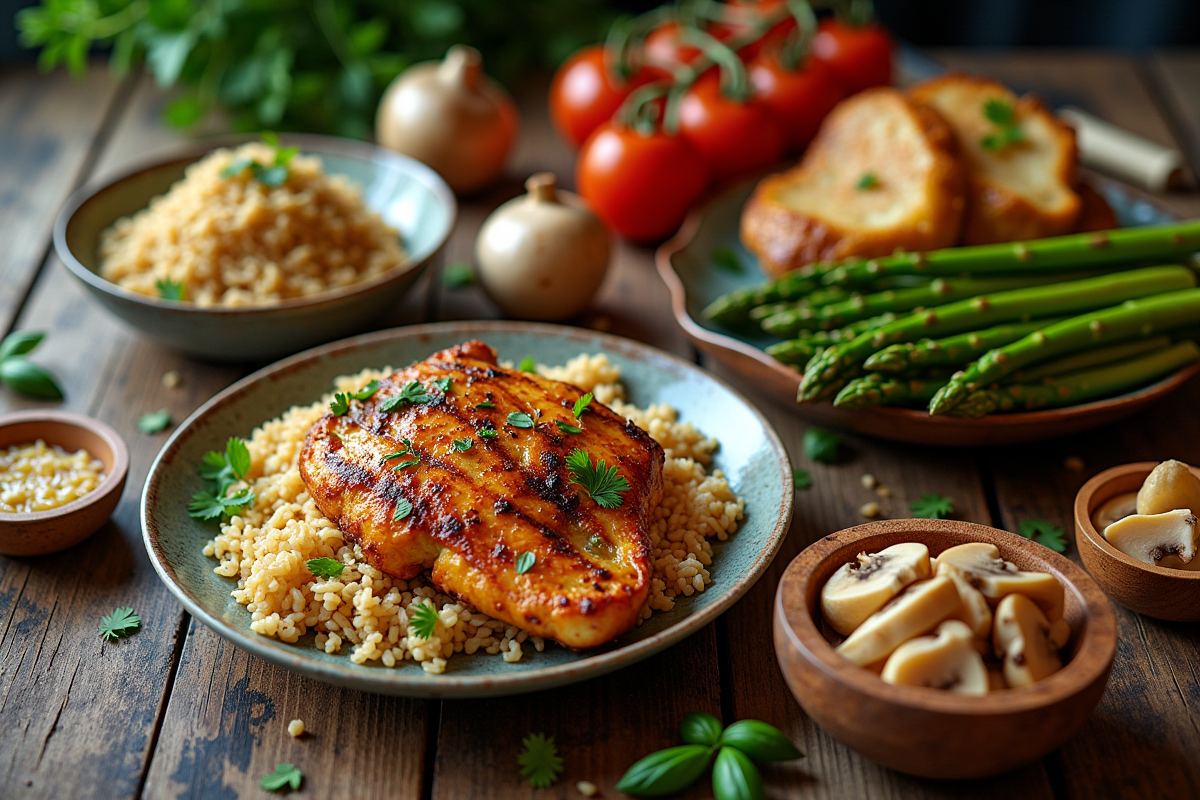 Table rustique avec plats riches en vitamine B3