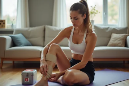 Femme appliquant du taping kinésiologique sur son mollet à domicile sur un tapis de yoga