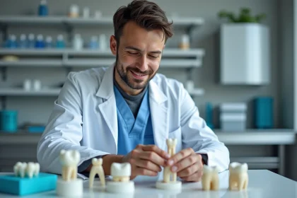 Technicien dentaire examinant un modele dentaire precis