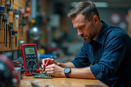 Technicien électronicien mesurant une tension continue avec un multimètre numérique sur un établi d'atelier