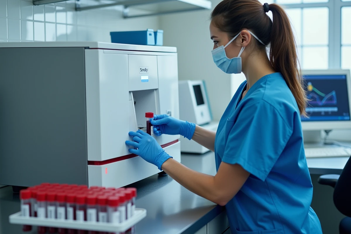 Technicienne de laboratoire médical analysant des échantillons sanguins dans un automate d'hématologie pour mesurer le TCMH