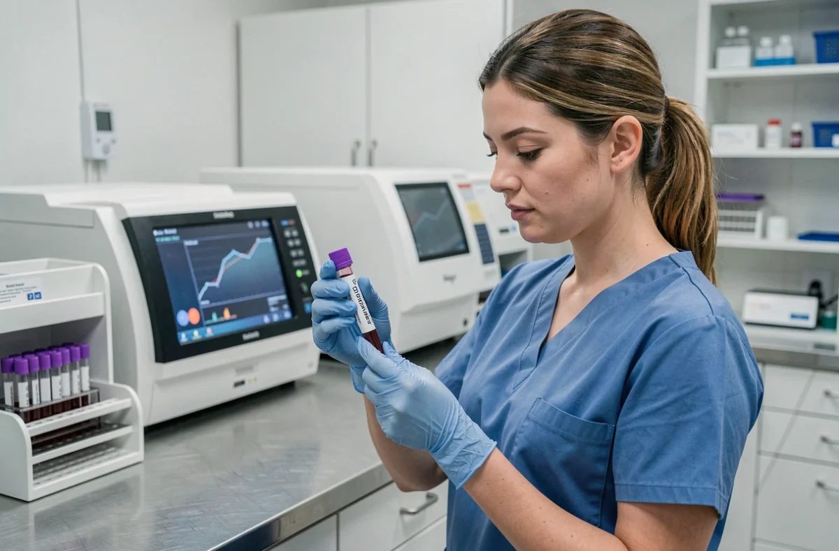 Technicienne de laboratoire analysant un tube de sang pour un hémogramme avec mesure de la TCMH