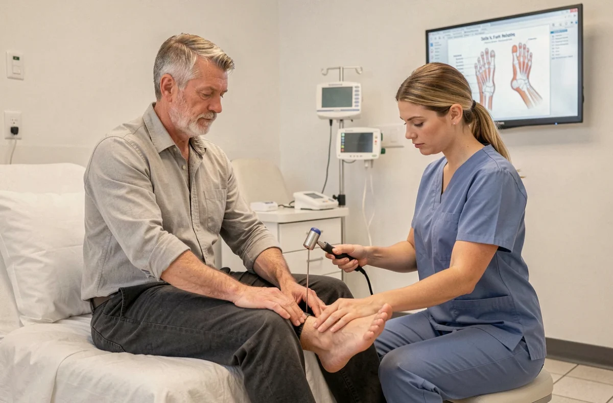 Spécialiste effectuant un test neurologique sur le pied d'un patient adulte dans un hôpital moderne