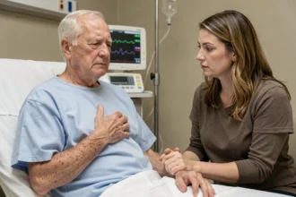 Homme âgé assis sur un lit d'hôpital avec la main sur la poitrine, accompagné d'un proche inquiet, illustrant les symptômes de troponine élevée chez le sujet âgé