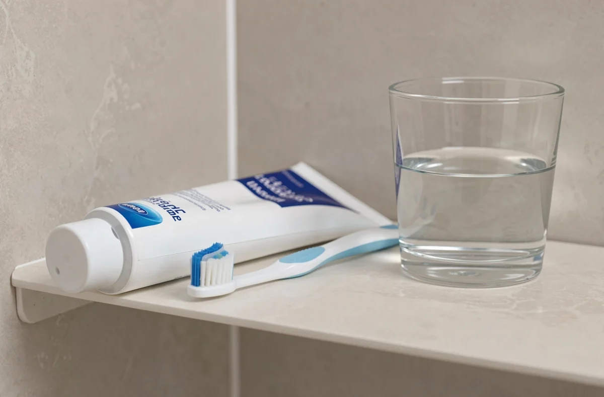 Tube de dentifrice et brosse à dents sur un plan de salle de bains