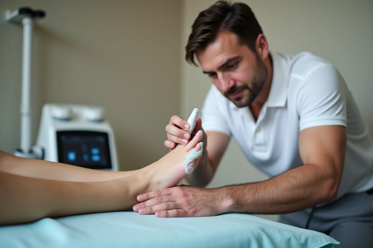 Kinésithérapeute appliquant des ultrasons thérapeutiques sur le pied d'un patient souffrant de bursite de l'orteil