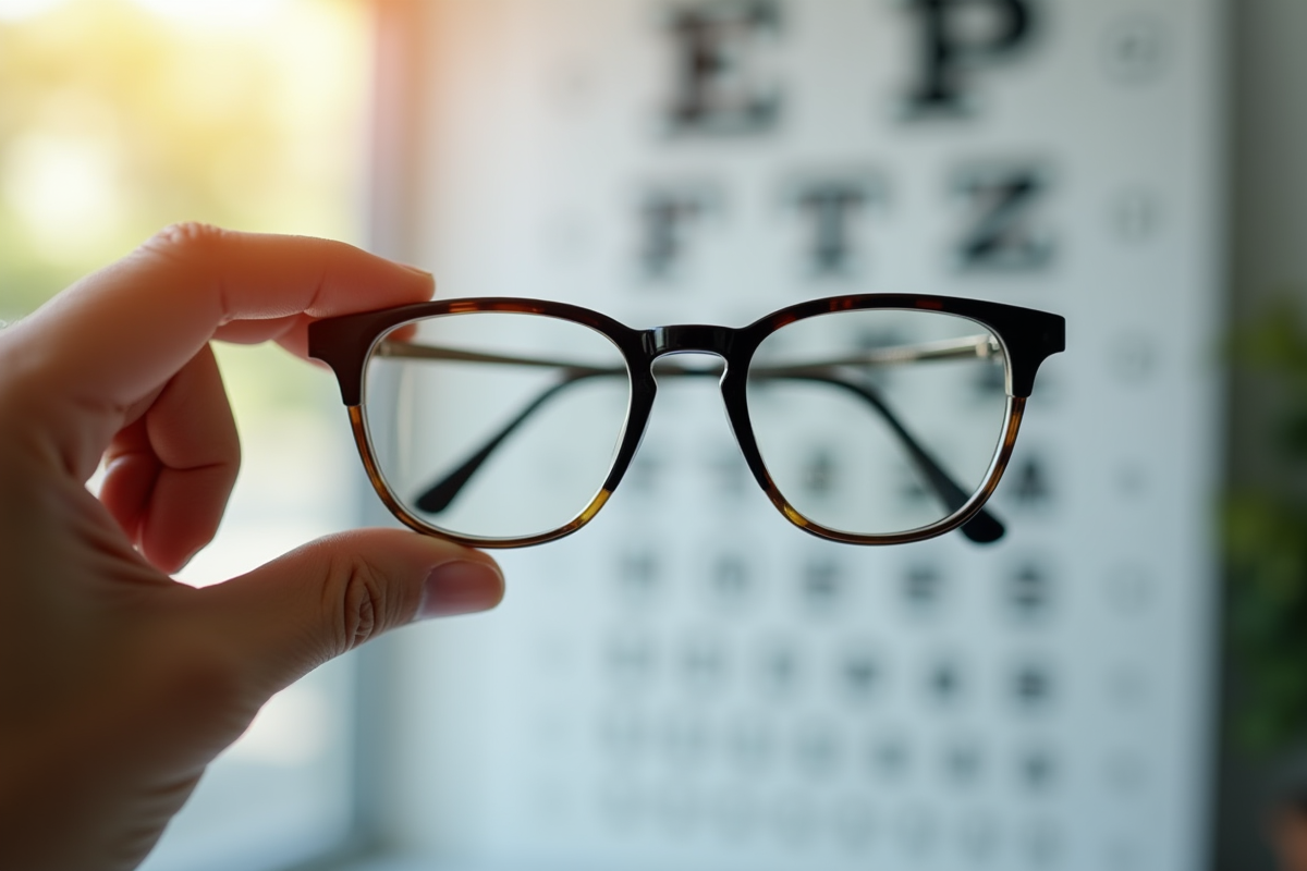 Main tenant des lunettes devant un tableau d