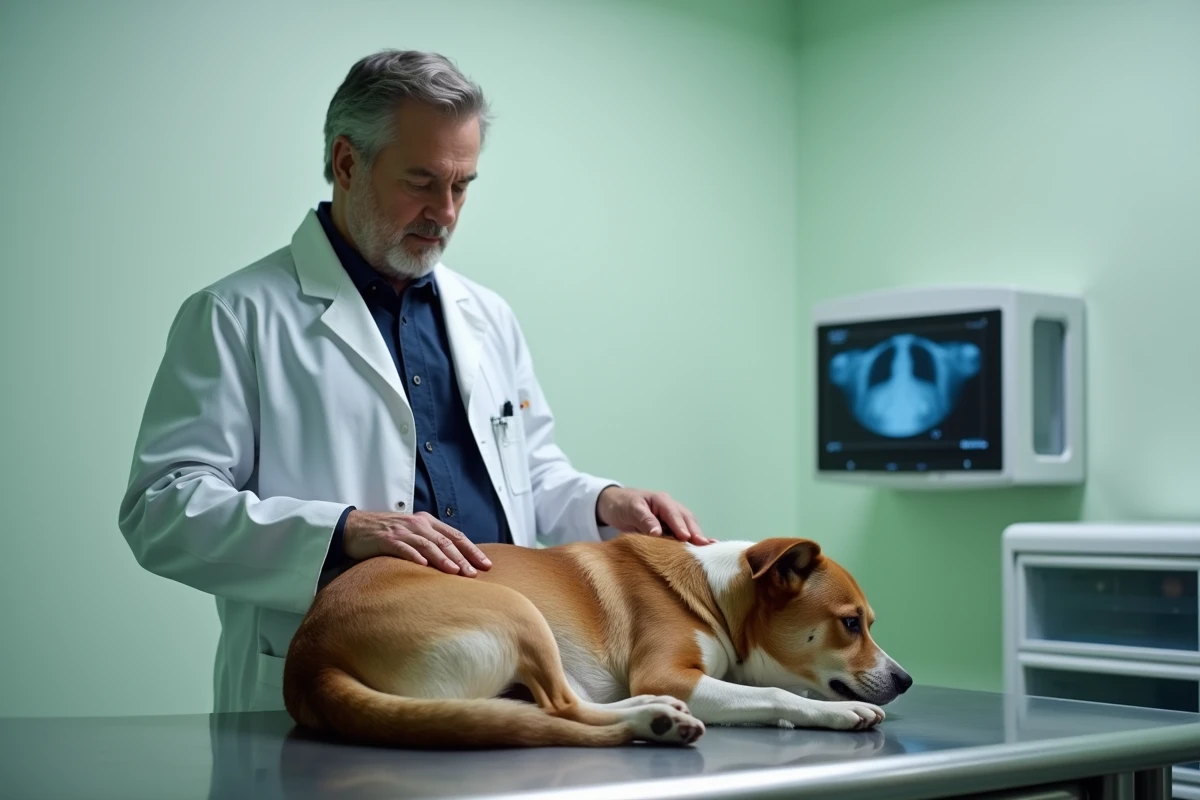 Vétérinaire examinant l'abdomen d'un chien sur une table d'examen en clinique vétérinaire